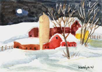 "Winter Night Farmstead" by Karolyn Alexander, Whitewater WI - Watercolor - SOLD